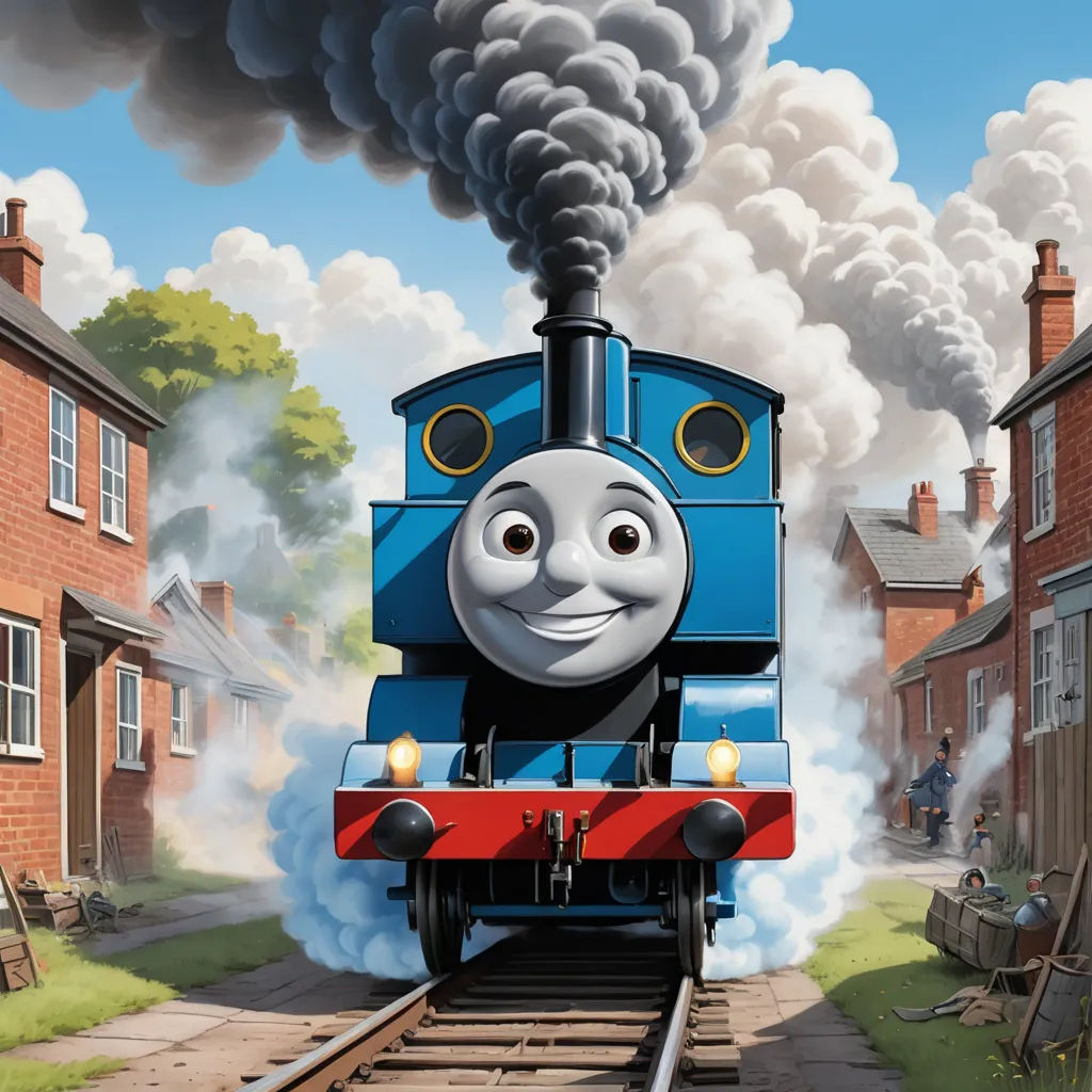 a thomas the train is coming down the tracks with smoke coming out of it's mouth and a man standing on the side of the train, sots art, concept art, Donald Roller Wilson, official art