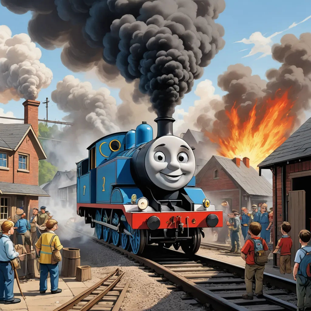 a painting of a thomas the train engine with people watching it on the tracks and a train engine with a bunch of smoke coming out of it, sots art, concept art, Donald Sherwood, official art