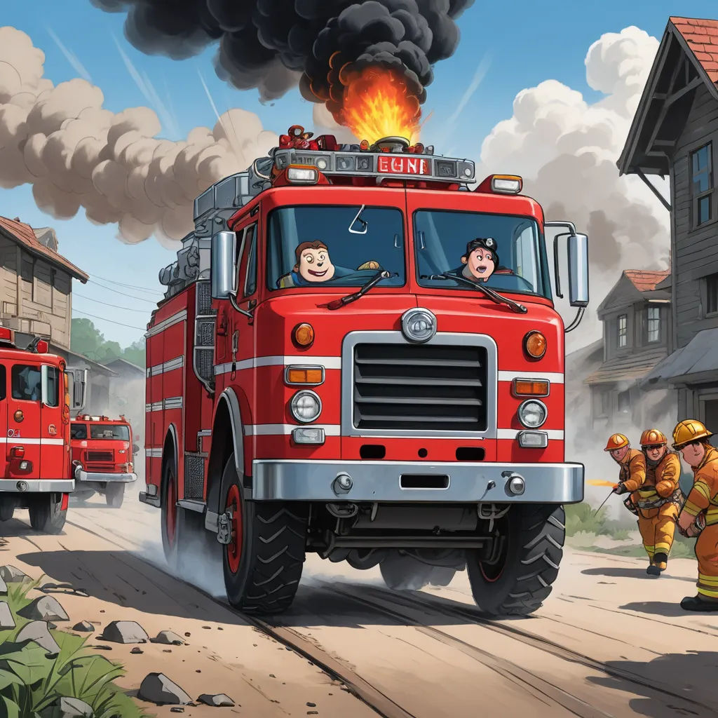 a cartoon fire truck with a fireman and two firemen in front of it on a street with houses, american scene painting, a storybook illustration, Aaron Jasinski, official art