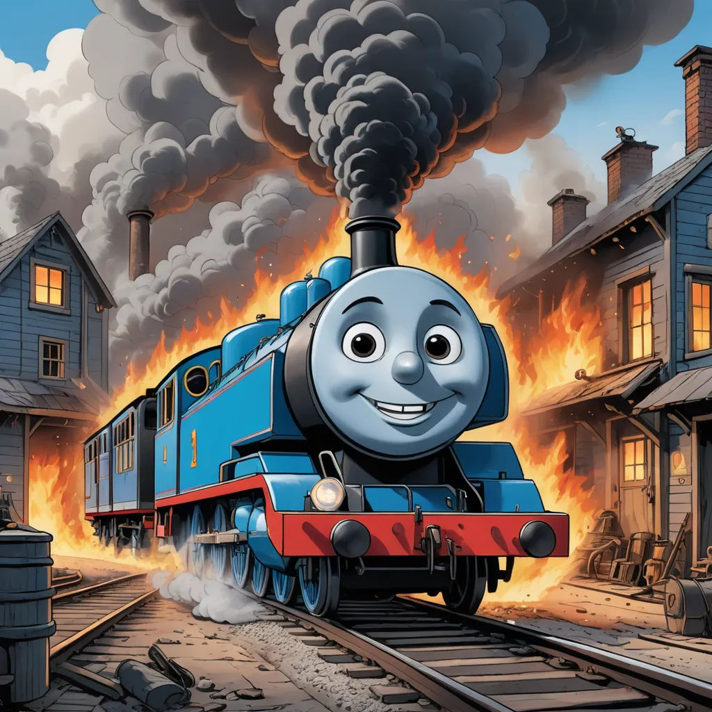 a cartoon train with a smiling face on the tracks with a house in the background and smoke billowing out of it, sots art, concept art, Donald Roller Wilson, official art