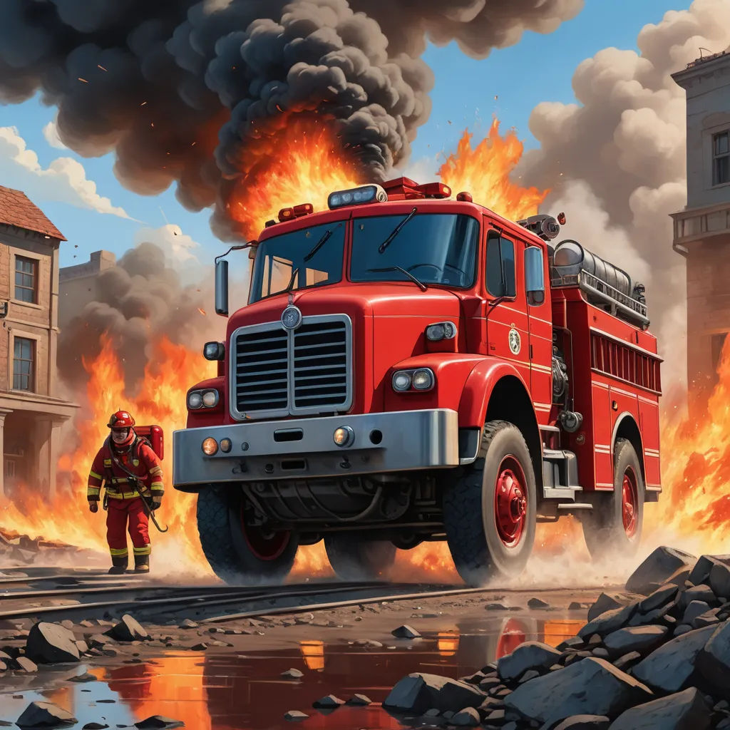 a fire truck is on fire with a fireman nearby in the background of a city street with buildings, american scene painting, an ultrafine detailed painting, F Scott Hess, highly detailed digital painting
