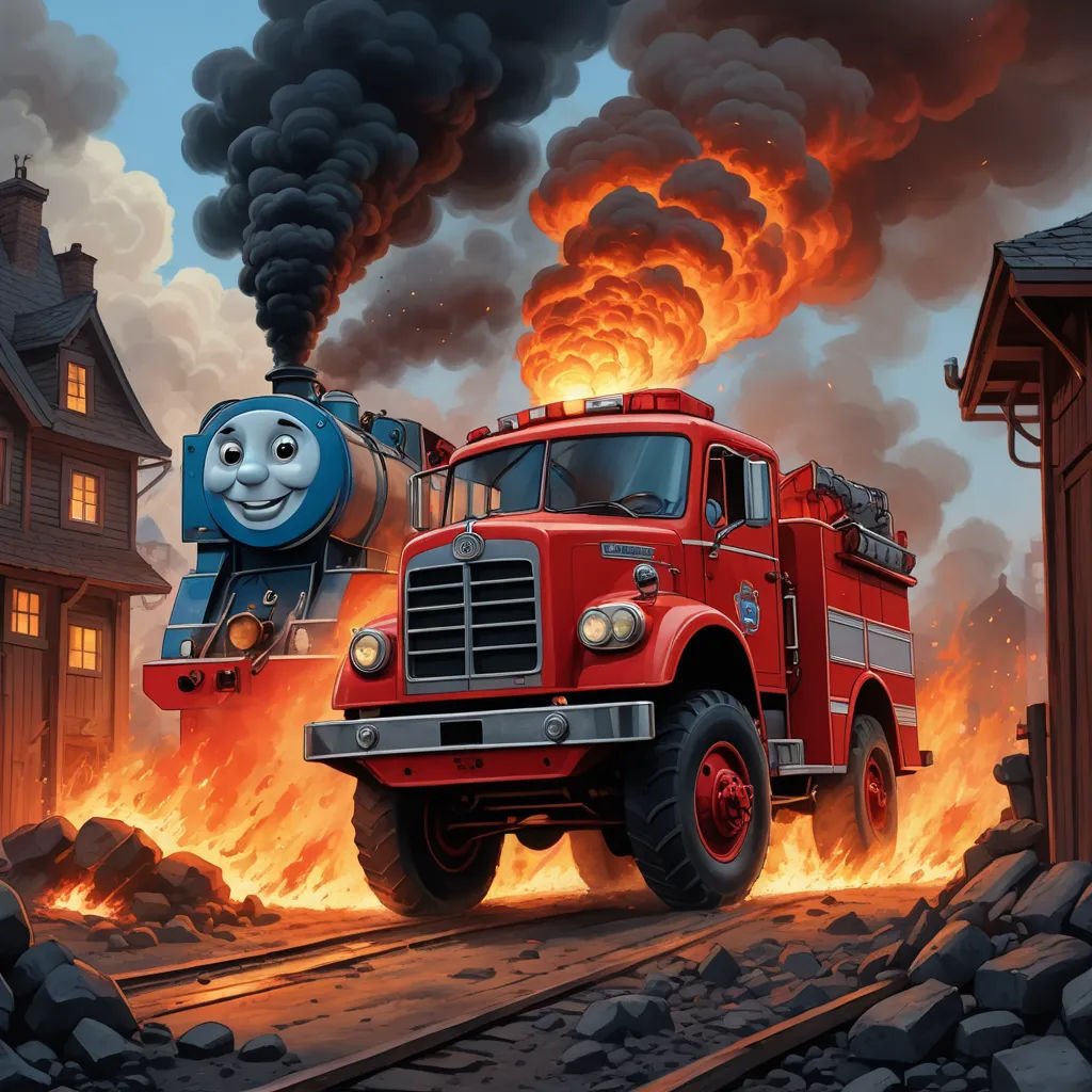a cartoon train is coming down the tracks with a thomas the tank engine on it's back end, sots art, concept art, David Martin, official art