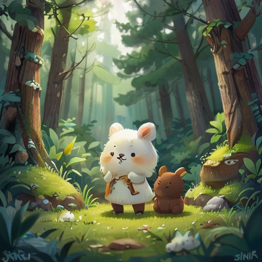 a cartoon bear and a bunny in a forest with trees and grass and rocks and rocks and grass and rocks and trees