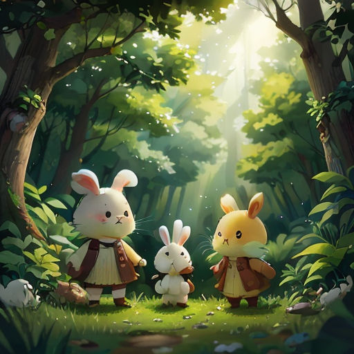 a couple of rabbits standing next to each other in a forest with trees and grass on either side of them