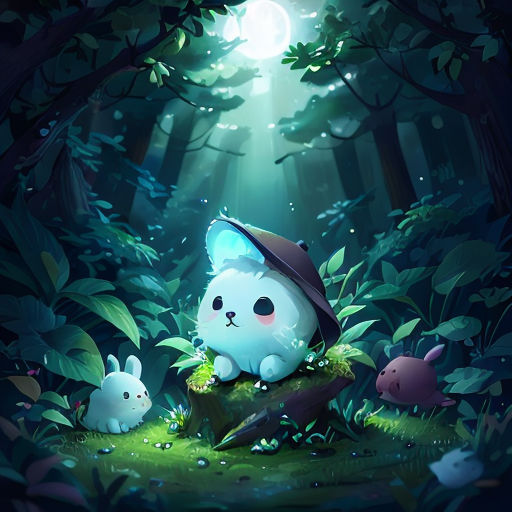 a cartoon cat sitting in the middle of a forest with other animals around it, with a bright light coming from behind it