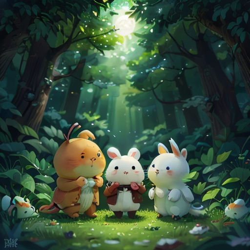 a group of animals standing in the middle of a forest with a light shining through the trees behind them