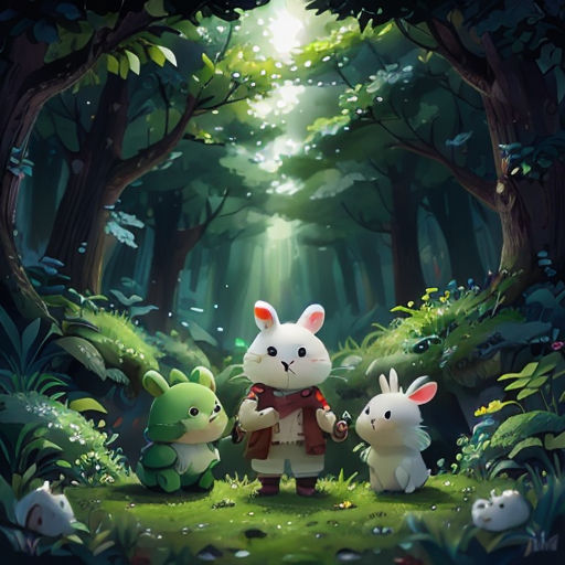 a group of rabbits standing in the middle of a forest with a light shining down on them and a forest scene behind them