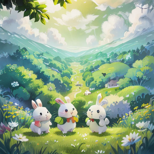 three rabbits are standing in the grass near a valley with flowers and a stream of water in the background