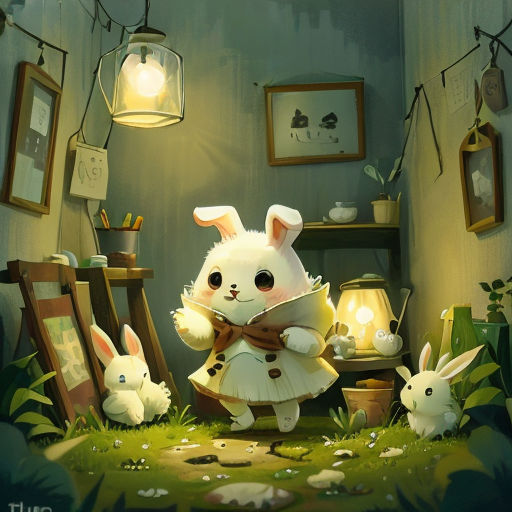 a painting of a bunny reading a book in a room with other bunny's and a lamp on the wall
