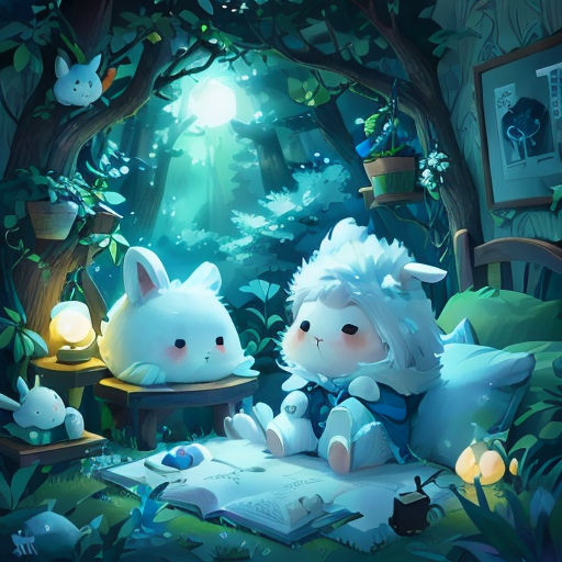 a painting of two rabbits reading a book in a forest with a light shining on them and a forest scene
