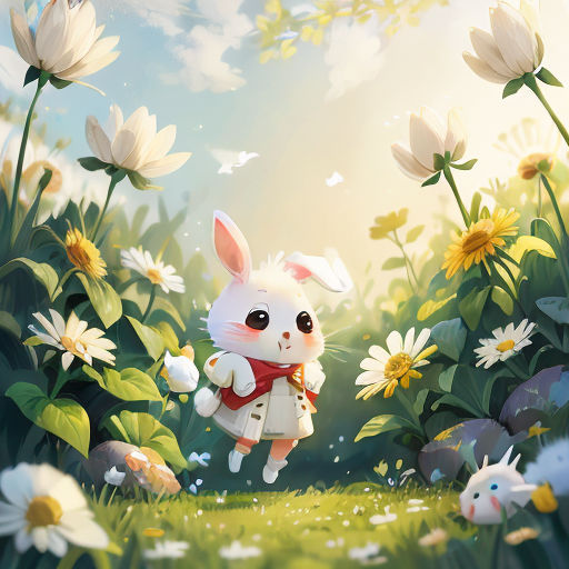 a rabbit is running through a field of flowers and daisies with a rabbit in the foreground, and a rabbit in the background