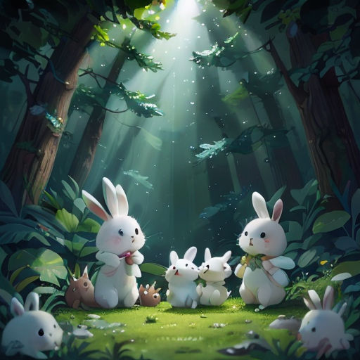 a group of rabbits in the forest with a light shining down on them and a forest floor with trees