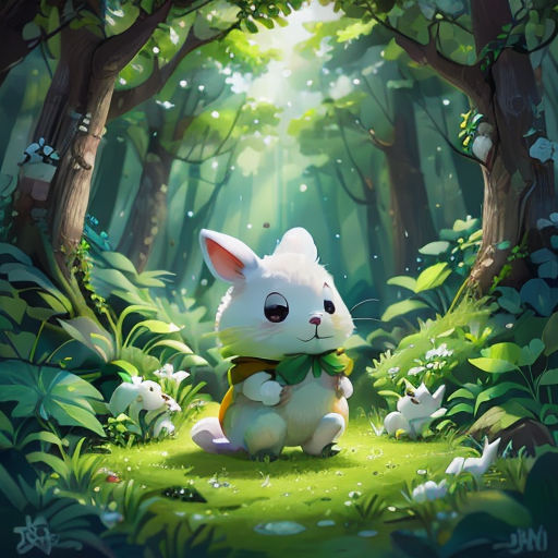 a white rabbit sitting in the middle of a forest with a green bow tie on it's neck