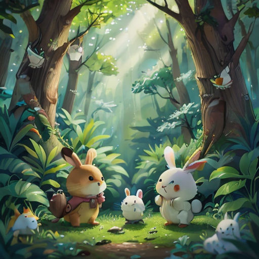 a group of rabbits in a forest with a light shining through the trees and a forest floor with lots of trees