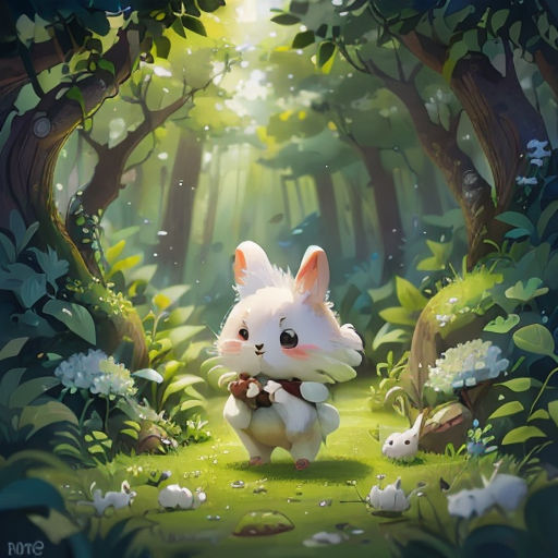 a painting of a bunny in the woods with a rabbit in its lap and a rabbit in the grass