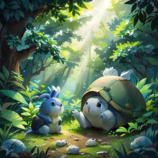 a couple of animals that are in the grass near trees and bushes with sunlight coming through the trees behind them