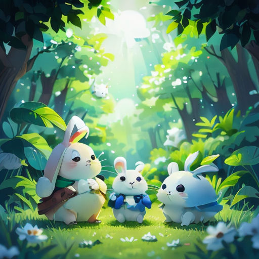 a group of rabbits sitting in the grass near trees and flowers with a light shining through the trees behind them