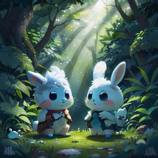 two rabbits in the woods with sunlight coming through the trees and grass on the ground, with sunlight streaming through the trees
