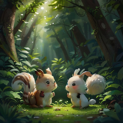 two rabbits in the woods with sunlight coming through the trees and grass on the ground, with sunlight streaming through the trees