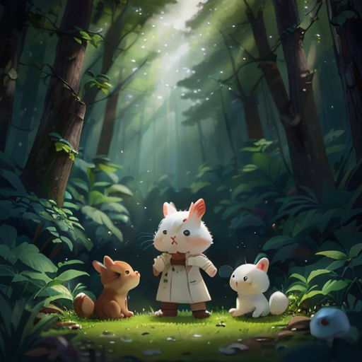 a rabbit and two rabbits in a forest with a light shining through the trees and a forest floor with green grass