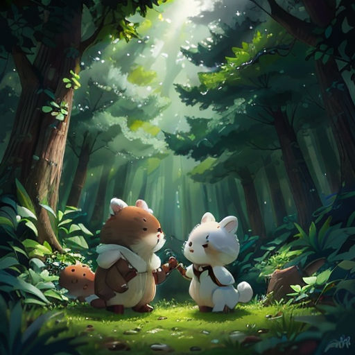 two stuffed animals sitting in the middle of a forest with a light shining through the trees behind them and a forest scene behind them