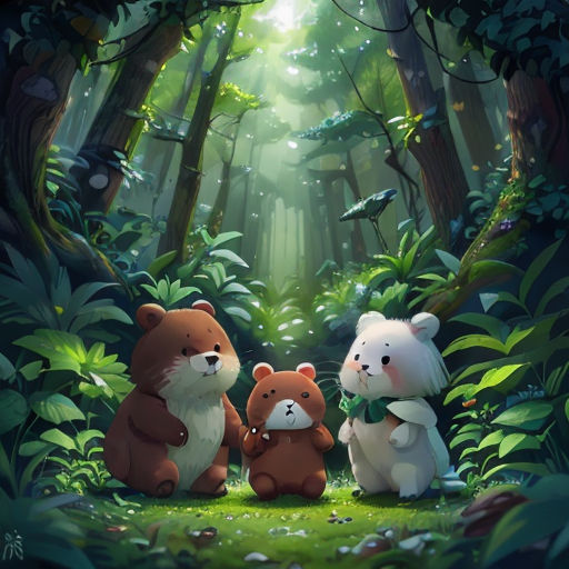 three bears are sitting in the middle of a forest with a bear cub in the middle of the picture