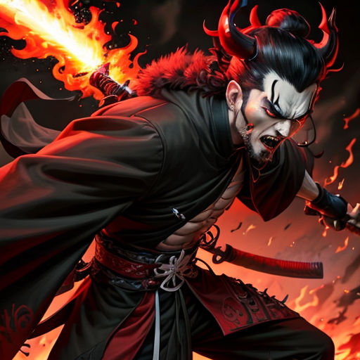 a man with a demon face and a sword in his hand, with flames in the background and a demon face on his chest