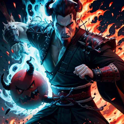a man in a costume holding a ball and a demon with horns on his head and a fireball in his hand