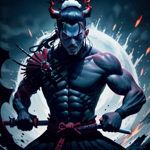 a man with horns and horns holding a sword in his hands, with a demon on his head and a demon on his shoulder