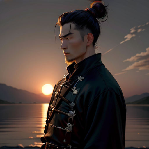 a man with a bun in his hair standing by the water at sunset with the sun in the background