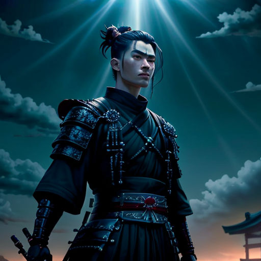 a man in a black outfit standing in front of a building with a sky background and clouds above him