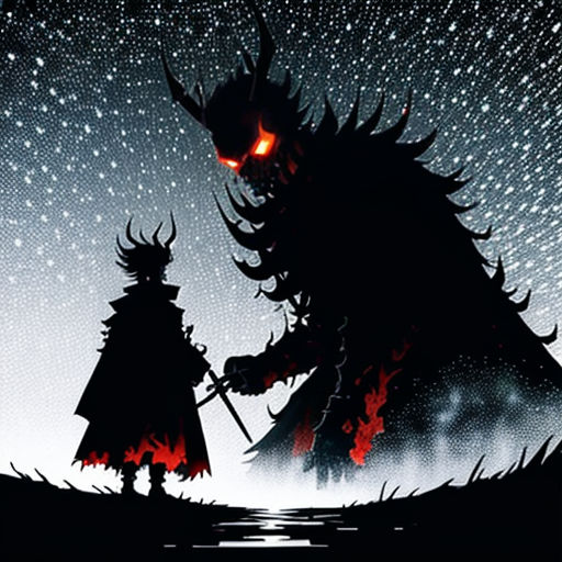 a movie poster with a demon and a demon standing in the dark with stars in the sky behind it