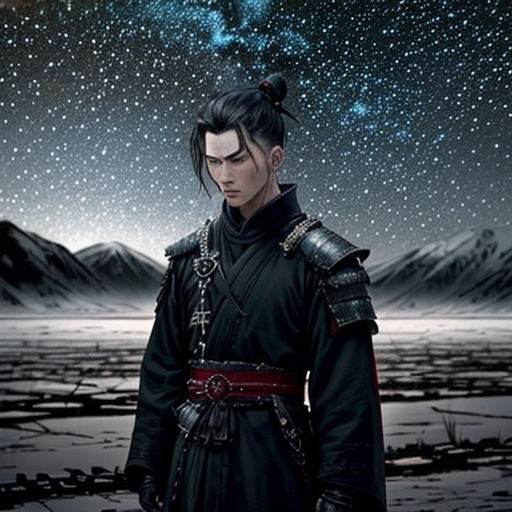 a man in a black outfit standing in front of a night sky with stars above him and mountains in the background