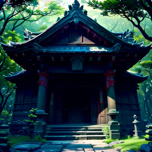 a small building in the middle of a forest with trees and rocks around it, with a pathway leading to it