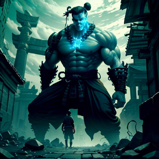 a man standing in front of a giant demon in a city with a sword in his hand and a glowing blue light in his mouth