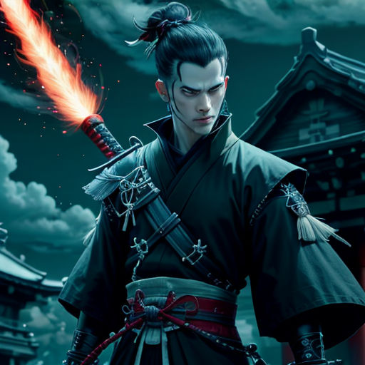 a man in a black and red outfit holding a sword in front of a building with a sky background