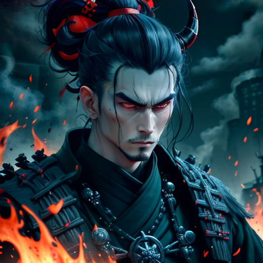 a man with horns and a demon haircut in front of a fire and sky background with a building
