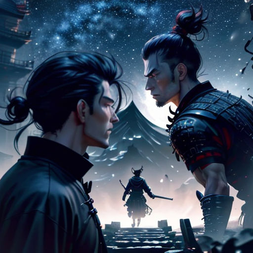 two men in samurai costumes standing next to each other in front of a full moon sky with a snow covered mountain in the background
