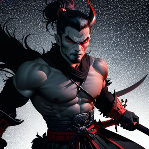 a man with horns and a sword in his hand, standing in the snow with his hands in his pockets