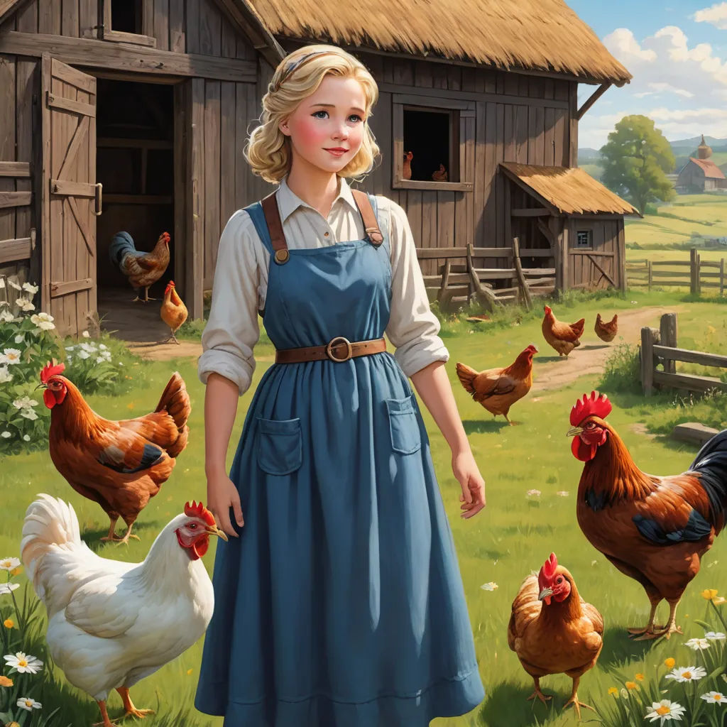a painting of a girl standing in a field with chickens and a barn in the background with a straw roof, american scene painting, a storybook illustration, Bob Byerley, official art