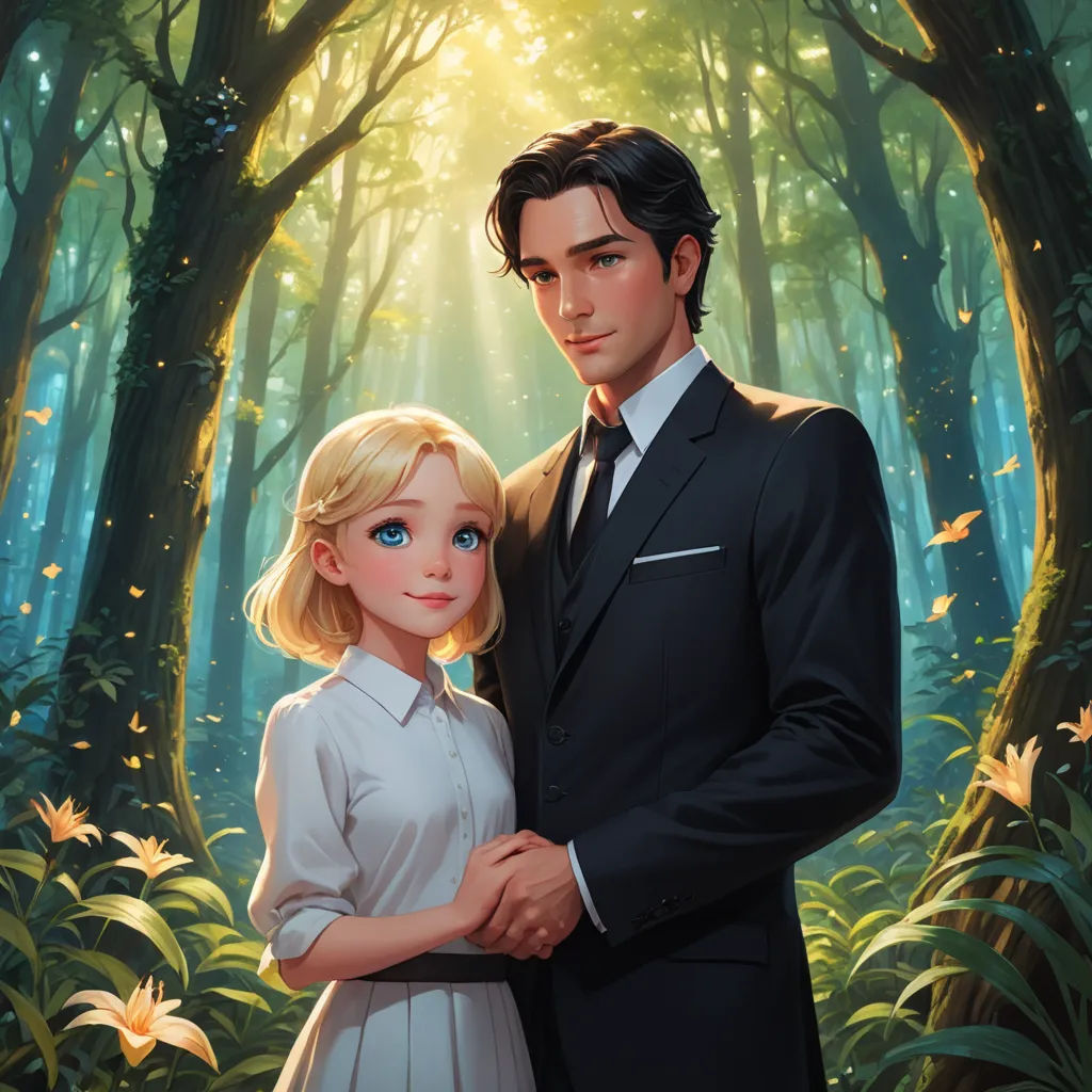 a painting of a man and a woman in a forest with flowers and trees in the background, with sunlight shining through the trees, sots art, a storybook illustration, Aaron Jasinski, official art