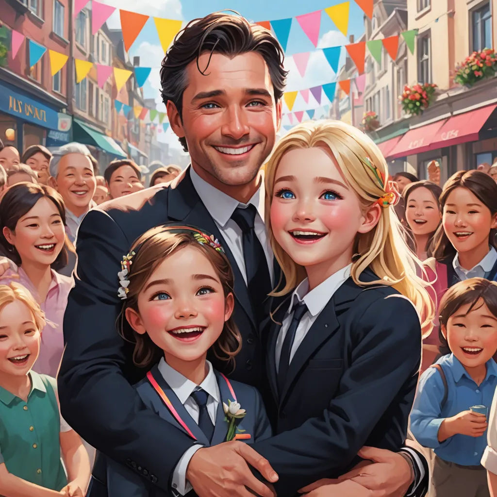 a man and a little girl are hugging in front of a crowd of people in school uniforms and bunting, american realism, a storybook illustration, Aaron Jasinski, official art