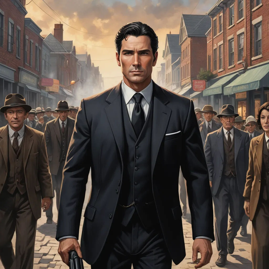 a man in a suit and tie walking down a street with other men in suits and ties on either side of him, harlem renaissance, a comic book panel, David Palumbo, western comic book art
