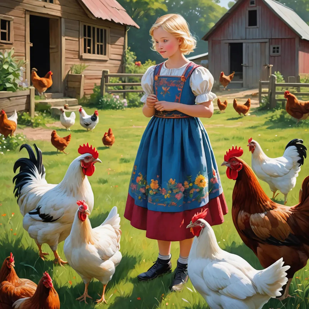 a painting of a girl standing in a field with chickens and chickens behind her, with a barn in the background, folk art, a storybook illustration, Bob Byerley, storybook illustration
