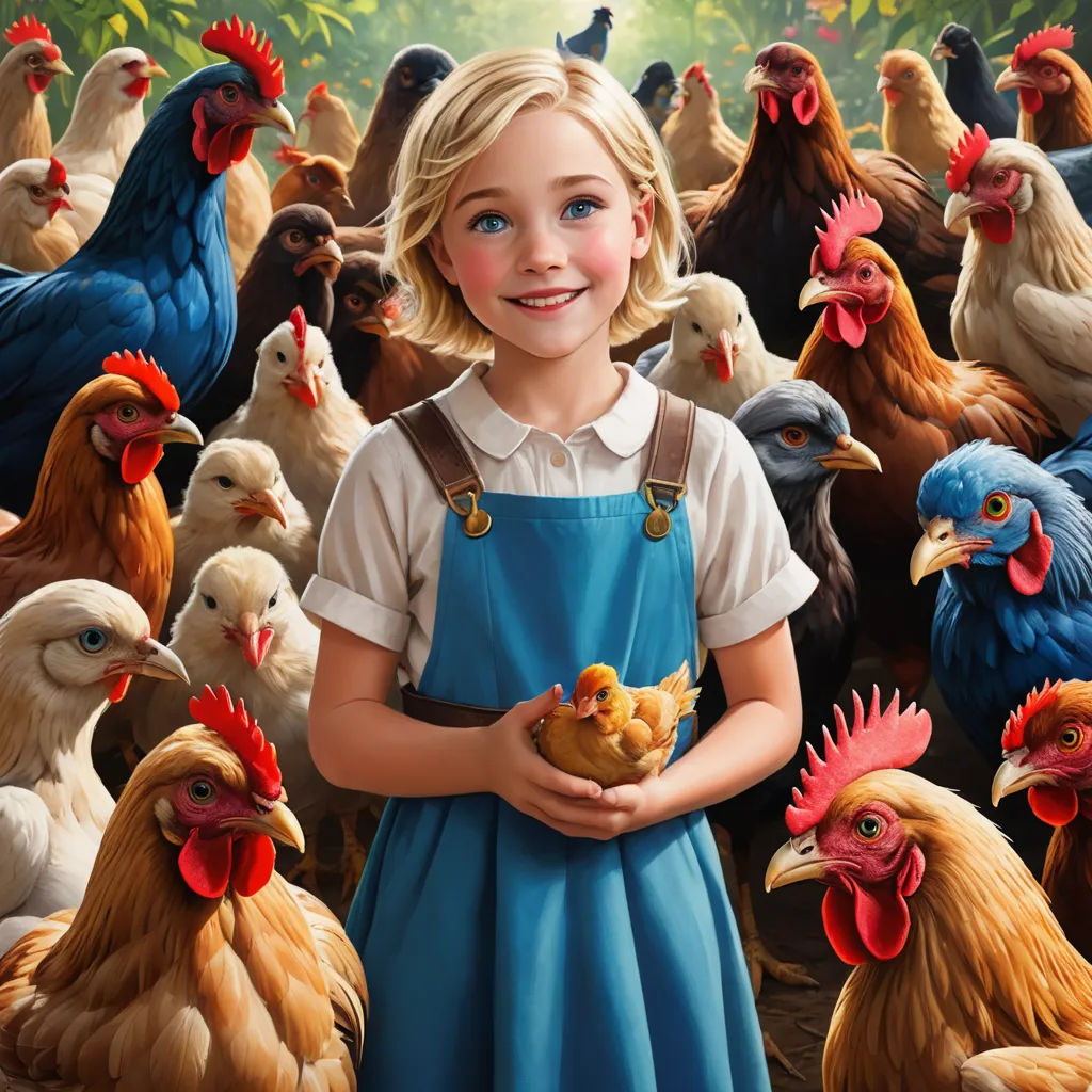 a girl in a blue dress holding a chicken in front of a group of chickens in a field of trees, magical realism, poster art, Bob Byerley, promotional image