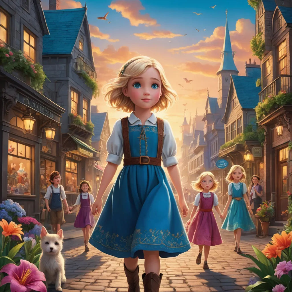 a cartoon girl in a blue dress walking down a street with other children in the background and a dog on the sidewalk, sots art, a storybook illustration, disney, official art