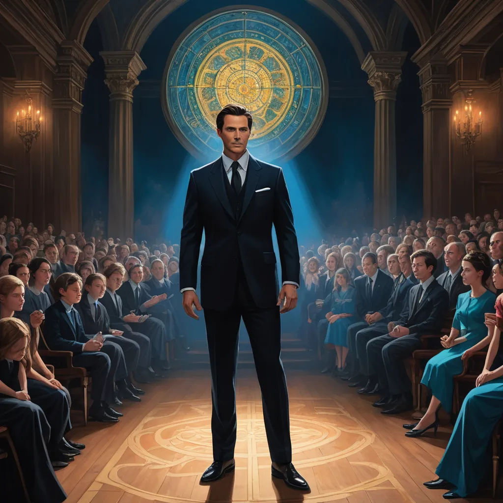 a man in a suit standing in front of a crowd of people in a room with a circular window, metaphysical painting, a detailed matte painting, Cedric Seaut (Keos Masons), key art