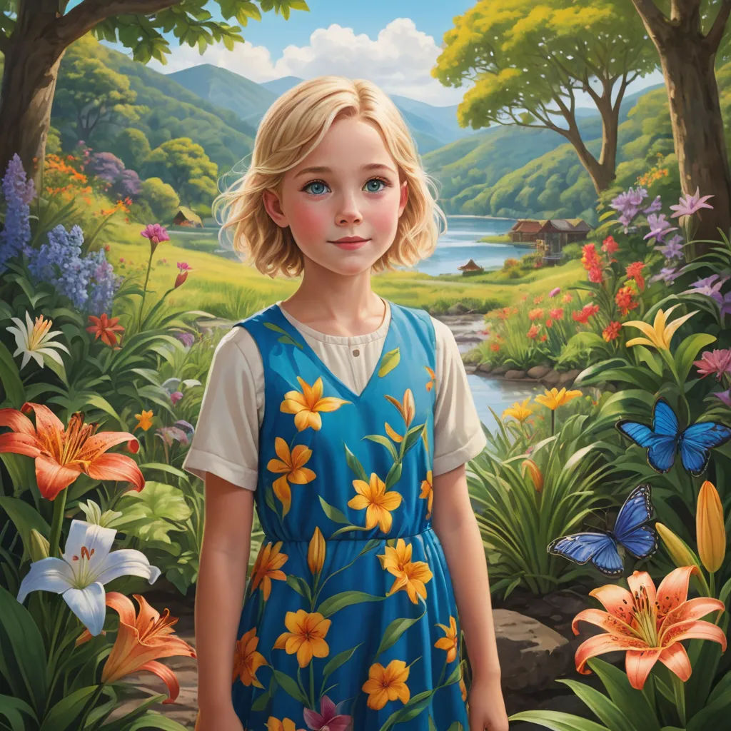 a painting of a little girl in a blue dress standing in a garden with flowers and butterflies around her, american scene painting, an oil painting, Bob Byerley, official art