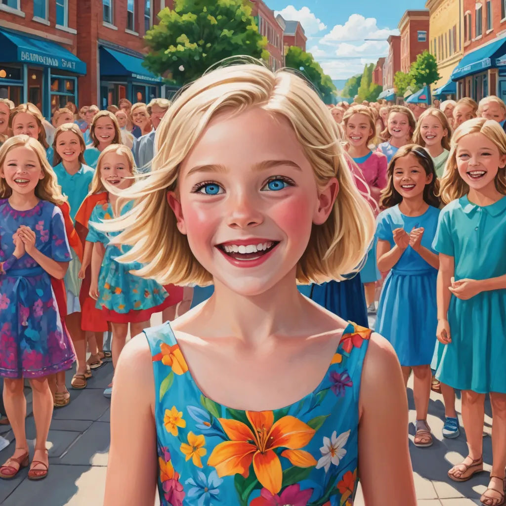a painting of a girl in a blue dress with a group of children in the background smiling and standing on a sidewalk, american realism, a storybook illustration, Bob Byerley, official art