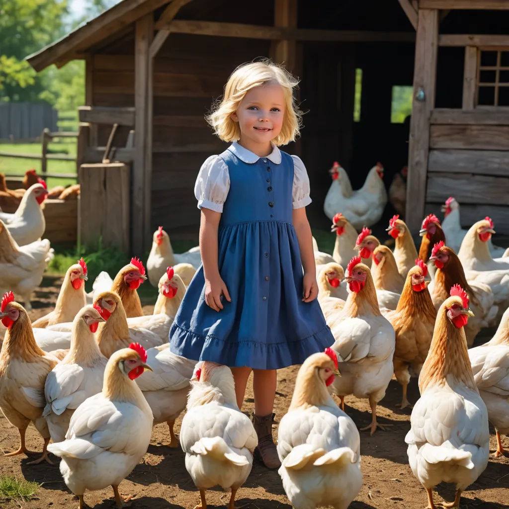 a little girl standing in front of a bunch of chickens in a yard with a barn in the background, american impressionism, a stock photo, Anne Said, promotional image
